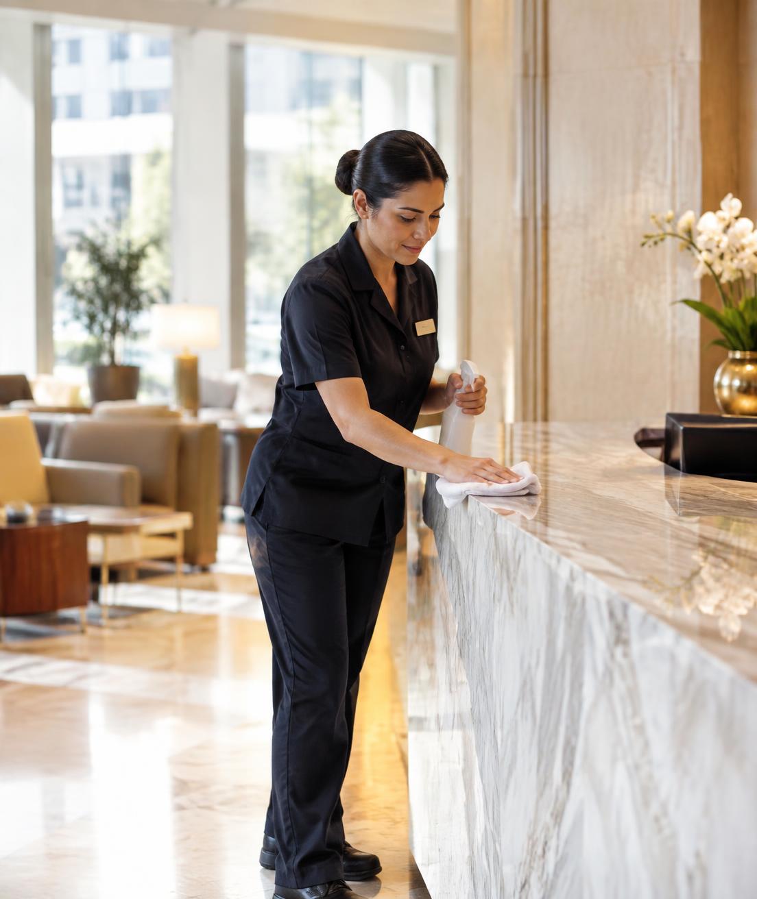 Sunlit hotel lobby with marble floors and fresh flowers